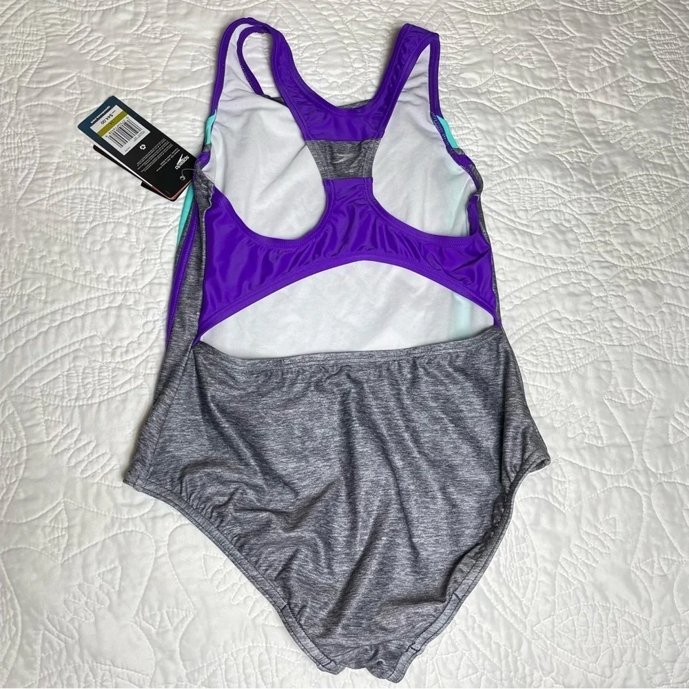 New With Tags Speedo Girls One Piece Racerback Swimsuit Size 14 Gray Purple Aqua